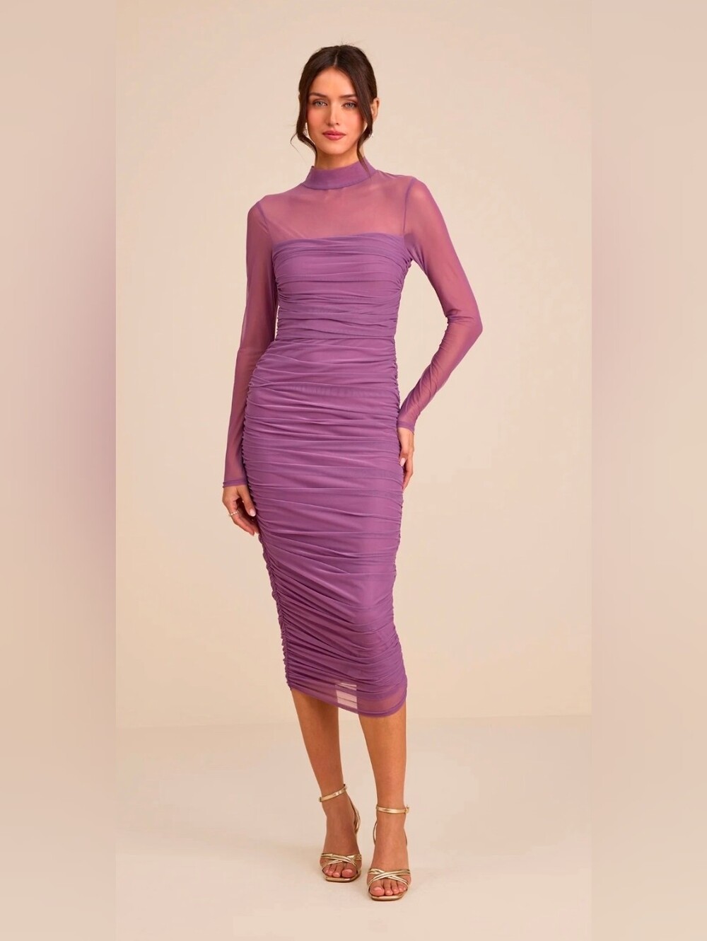 Lulu's Impressive Flirt Dusty Purple Mesh Ruched Mock Neck Midi Dress